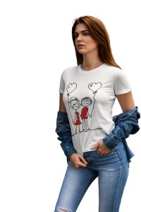 Couple Holding Heart Balloons White -Printed T-Shirts