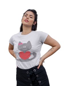 Heart Gifting Cat White-Printed T-Shirts