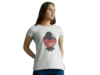 Big Strawberry Printed On Printed White T-Shirts