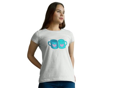 Blue Coffee Mug with Pink Heart Printed White T-Shirts