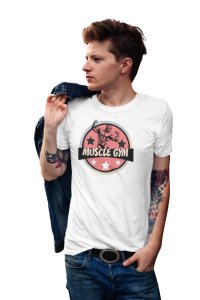 Muscle Gym, (BG Red), Round Neck Gym Tshirt (White Tshirt) - Clothes for Gym Lovers - Suitable for Gym Going Person - Foremost Gifting Material for Your Friends and Close Ones