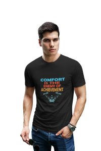 The Enemy Of Achievement, (BG Blue, Green, Orange and Red), (Black Tshirt) - Clothes for Gym Lovers - Suitable for Gym Going Person - Foremost Gifting Material for Your Friends and Close Ones