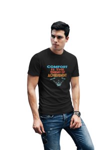 The Enemy Of Achievement, (BG Blue, Green, Orange and Red), (Black Tshirt) - Clothes for Gym Lovers - Suitable for Gym Going Person - Foremost Gifting Material for Your Friends and Close Ones
