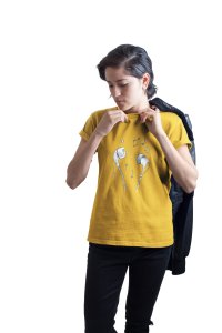 Earphones with Music Notes -Yellow - Women's - printed T-shirt - comfortable round neck Cotton