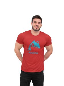 Aquarius (BG sky blue) (Red T) - Printed Zodiac Sign Tshirts - Made especially for astrology lovers people