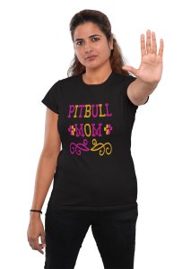 Pitbull Mom Yellow And Pink Text - printed stylish Black cotton tshirt
