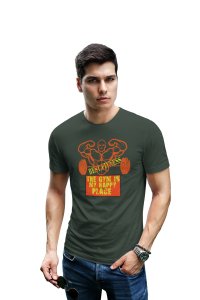 The Gym Is My Happy Place, (BG Orange), Round Neck Gym Tshirt - Foremost Gifting Material for Your Friends and Close Ones