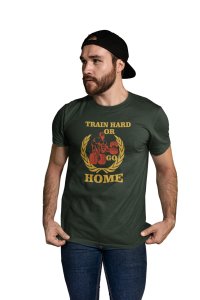 Train Hard or Go Home Round Neck Gym Tshirt (BG Golden and Red) - Foremost Gifting Material for Your Friends and Close Ones