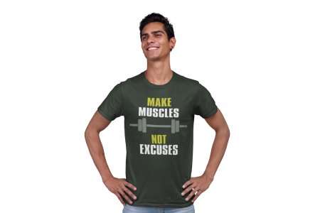 Make Muscles, Not Excuses, Bar Symbol, Round Neck Gym Tshirt - Foremost Gifting Material for Your Friends and Close Ones