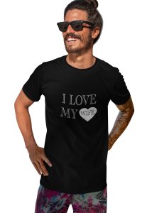 love my wife -printed family themed cotton blended half-sleeve t-shirts made for men (black)