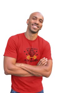 Go Heavy or Go Home Round Neck Gym Tshirt (BG Black And Yellow) (Red Tshirt) - Clothes for Gym Lovers - Suitable for Gym Going Person - Foremost Gifting Material for Your Friends and Close Ones