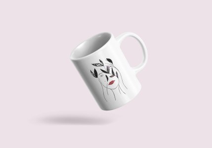 Women With Red Lipstick - line art themed printed ceramic white coffee and tea mugs/ cups