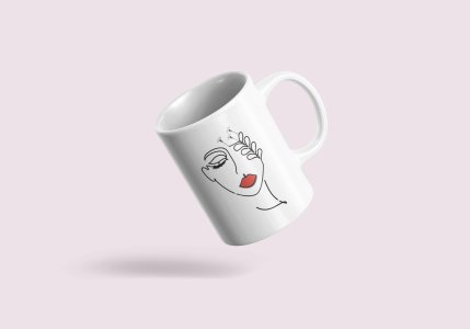 Women with flower - line art themed printed ceramic white coffee and tea mugs/ cups