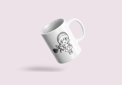 Rose Girl - line art themed printed ceramic white coffee and tea mugs/ cups