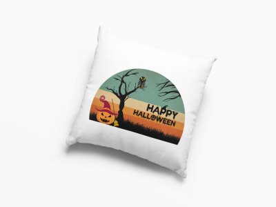 Happy Halloween Black text -Pumpkin And Trees -Halloween Theme Pillow Covers (Pack Of 2)