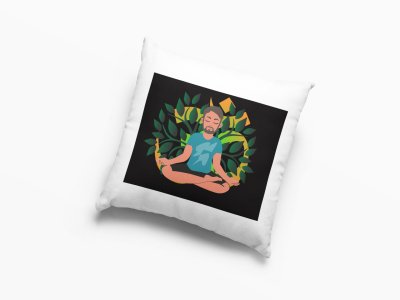 A Young Man - Cartoon - Sitting In Front Of Om Symbol, (BG Green And Yellow) -Printed Pillow Covers(Pack Of 2)