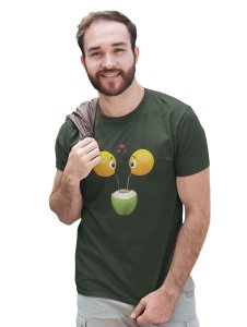 Loveable Emoji Couple Drinking Coconut Water Printed T-shirt (Green) - Clothes for Emoji Lovers -Foremost Gifting Material for Your Friends and Close Ones