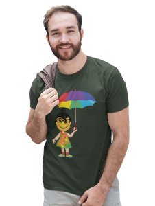 A Young Emoji Girl with Umbrella Printed T-shirt (Green) - Clothes for Emoji Lovers - Suitable for Fun Events- Foremost Gifting Material for Your Friends and Close Ones