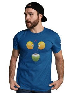Loveable Emoji Couple Drinking Coconut Water Printed T-shirt (Blue) - Clothes for Emoji Lovers - Suitable for Fun Events - Foremost Gifting Material for Your Friends and Close Ones