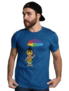 A Young Emoji Girl with Umbrella Printed T-shirt (Blue) - Clothes for Emoji Lovers - Suitable for Fun Events- Foremost Gifting Material for Your Friends and Close Ones