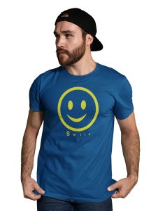 Simple Smile -Yellowish Outline Printed T-shirt (Blue) - Clothes for Emoji Lovers - Suitable for Fun Events - Foremost Gifting Material for Your Friends and Close Ones