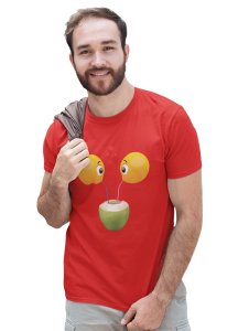 Loveable Emoji Couple Drinking Coconut Water Printed T-shirt (Red) - Clothes for Emoji Lovers - Foremost Gifting Material for Your Friends and Close Ones