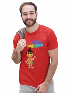 A Young Emoji Girl with Umbrella Printed T-shirt (Red) - Clothes for Emoji Lovers - Suitable for Fun Events- Foremost Gifting Material for Your Friends and Close Ones