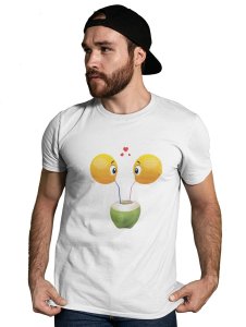 Loveable Emoji Couple Drinking Coconut Water Printed T-shirt (White) - Clothes for Emoji Lovers -Foremost Gifting Material for Your Friends and Close Ones