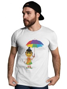 A Young Emoji Girl with Umbrella Printed T-shirt (White) - Clothes for Emoji Lovers - Suitable for Fun Events- Foremost Gifting Material for Your Friends and Close Ones