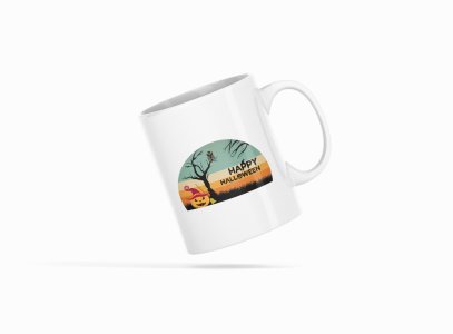 Happy Halloween Black text -Pumpkin And Trees -Halloween Themed Printed Coffee Mugs