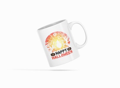 Happy Halloween text -Spider Web-Halloween Themed Printed Coffee Mugs