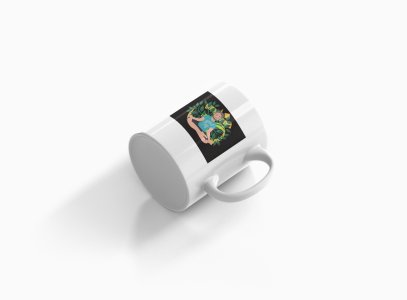 A Young Man - Cartoon - Sitting In Front Of Om Symbol, (BG Green And Yellow) - Printed Coffee Mugs For Yoga Lovers