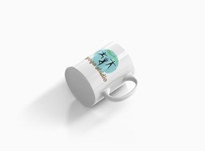 Yoga Studio, 3 Images Dancing, (BG Blue Circle) - Printed Coffee Mugs For Yoga Lovers