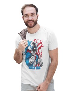 Uncle Sam White Round Neck Cotton Half Sleeved T-Shirt with Printed Graphics