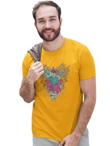 The Shooter And Roses Yellow Round Neck Cotton Half Sleeved T-Shirt with Printed Graphics
