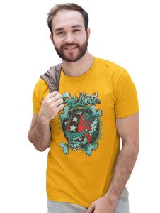 Ride Loose, (BG Blue) Yellow Round Neck Cotton Half Sleeved T-Shirt with Printed Graphics
