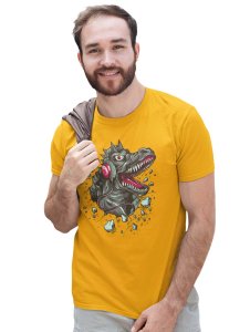 Dinasaur With Headphone Yellow Round Neck Cotton Half Sleeved T-Shirt with Printed Graphics