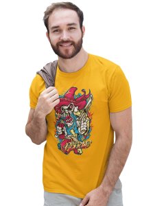 Skull Cowboy Yellow Round Neck Cotton Half Sleeved T-Shirt with Printed Graphics
