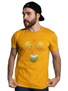 Loveable Emoji Couple Drinking Coconut Water Printed T-shirt (Yellow) - Clothes for Emoji Lovers - Suitable for Fun Events - Foremost Gifting Material for Your Friends and Close Ones