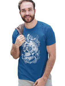 Rich Skull Blue Round Neck Cotton Half Sleeved T-Shirt with Printed Graphics