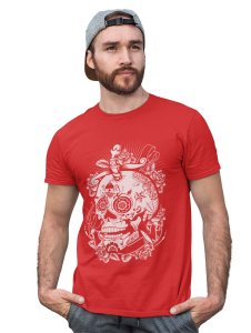 Tattooded Cranium Red Round Neck Cotton Half Sleeved T-Shirt with Printed Graphics