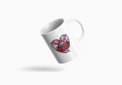 Pink heart arrow, game man - animation themed printed ceramic white coffee and tea mugs/ cups for animation lovers