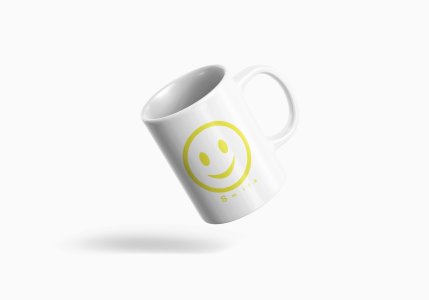 Smile Text (yellow) - emoji printed ceramic white coffee and tea mugs/ cups for emoji lover people