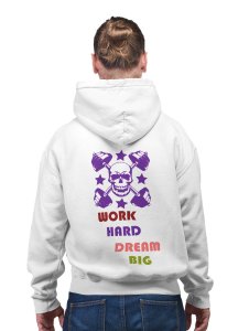 Work Hard, Dream Big, Violet Skull printed artswear white hoodies for winter casual wear specially for Men