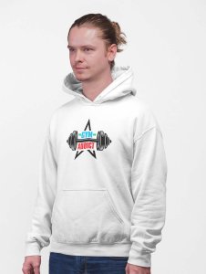 Gym Addict Red And Blue Text printed artswear white hoodies for winter casual wear specially for Men
