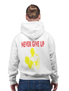 Never Give Up, Muscle Man(Yellow) printed artswear white hoodies for winter casual wear specially for Men