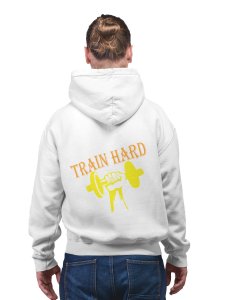 Train Hard,(Yellow and Orange) printed artswear white hoodies for winter casual wear specially for Men