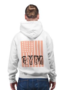 Gym Written in Front of a Flag,(BG Orange) printed activewear white hoodies for winter casual wear specially for Men