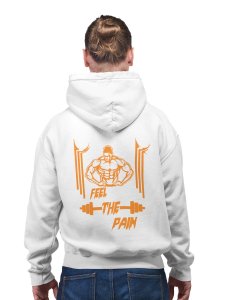 Feel The Pain Orange Text printed artswear white hoodies for winter casual wear specially for Men
