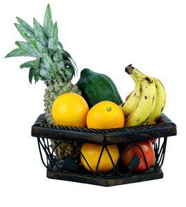 Premium quadrilateral six-sided wooden and wrought iron fruit and vegetable basket/ vessel/ Tokri for kitchen and dining table